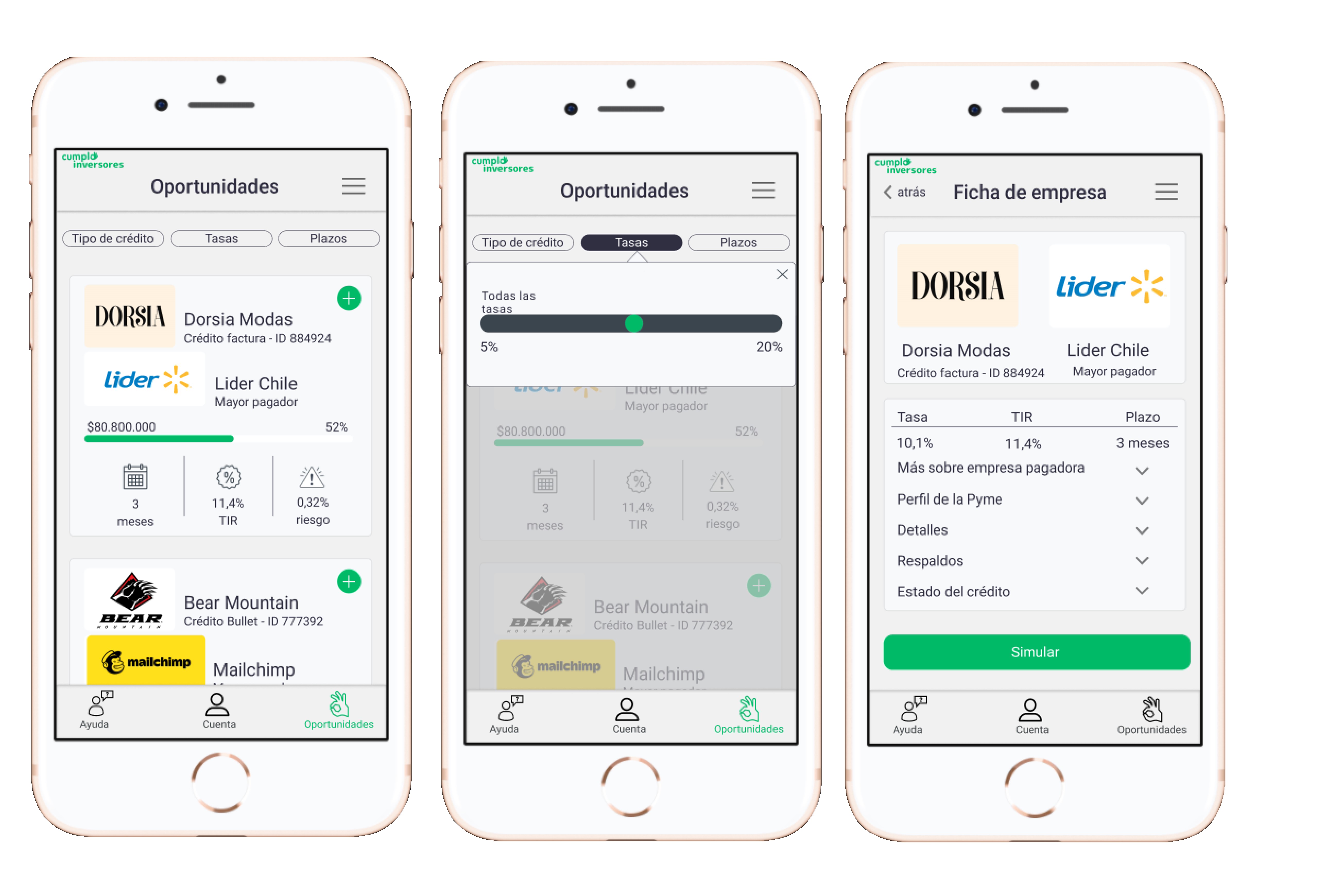 Vitrina de oportunidades de inversión con filtros